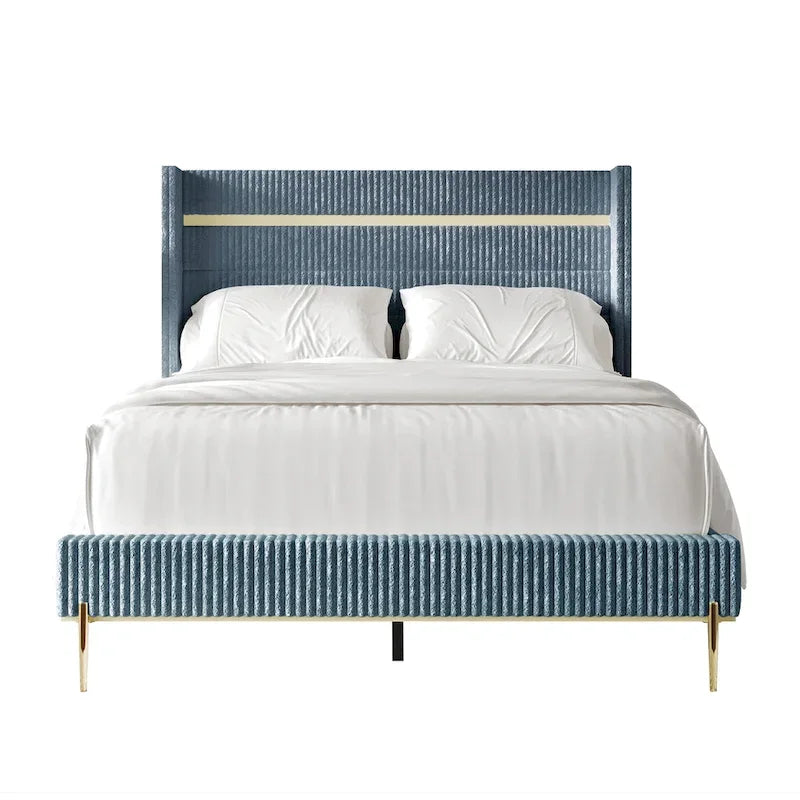 CraftPorch Corduroy Luxurious Gold PU Strip Wingback Velvet Upholstered Bed