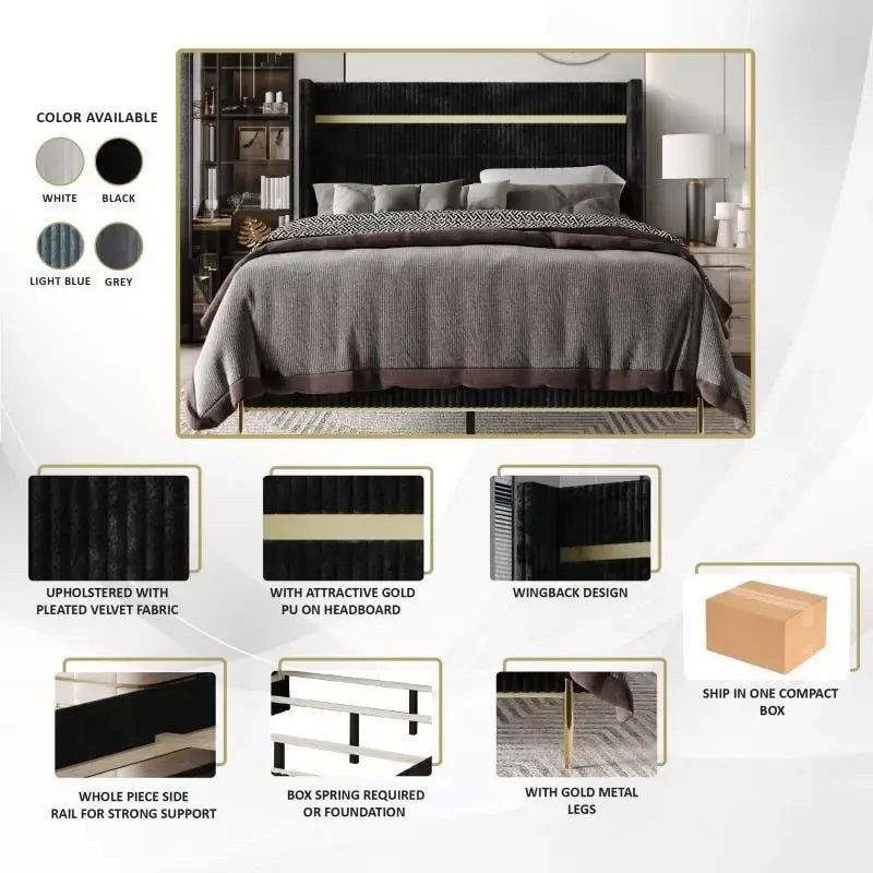 CraftPorch Corduroy Luxurious Gold PU Strip Wingback Velvet Upholstered Bed