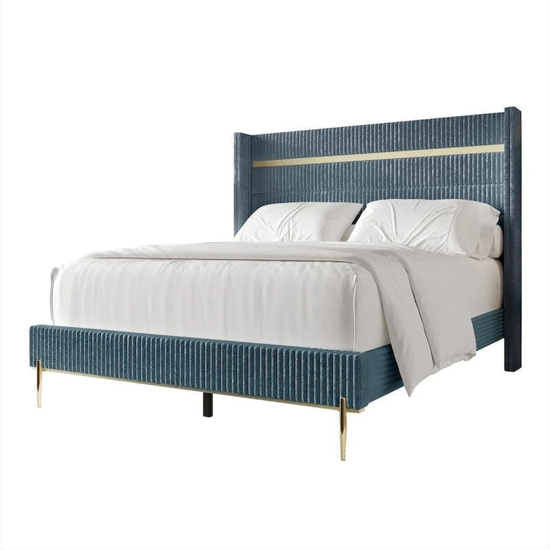 CraftPorch Corduroy Luxurious Gold PU Strip Wingback Velvet Upholstered Bed