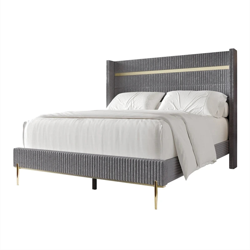 CraftPorch Corduroy Luxurious Gold PU Strip Wingback Velvet Upholstered Bed