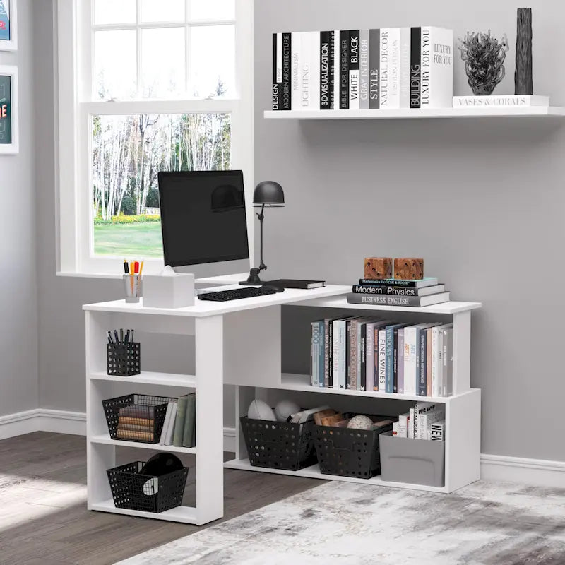 HOMCOM 360 Rotating L-Shaped Corner Desk: White, with Storage Shelves