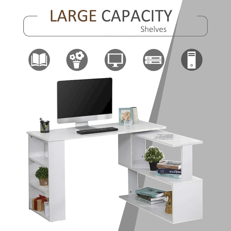 HOMCOM 360 Rotating L-Shaped Corner Desk: White, with Storage Shelves