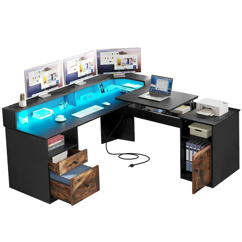 Moasis 59 L Shaped Desk Corner LED Computer Gaming Desk with File Cabinet and Lift Table Top