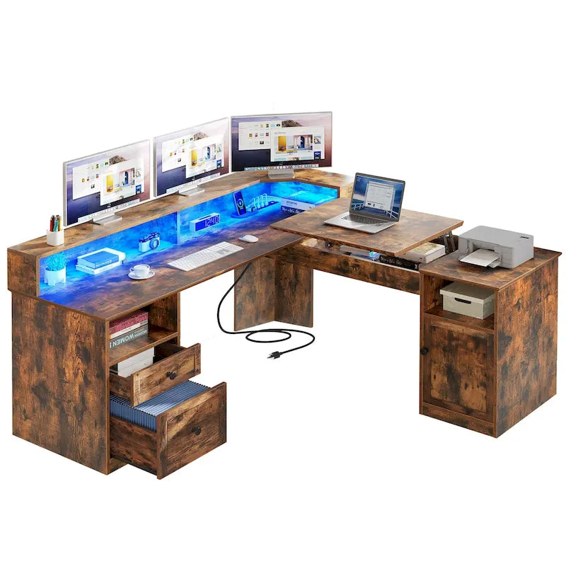 Moasis 59 L Shaped Desk Corner LED Computer Gaming Desk with File Cabinet and Lift Table Top