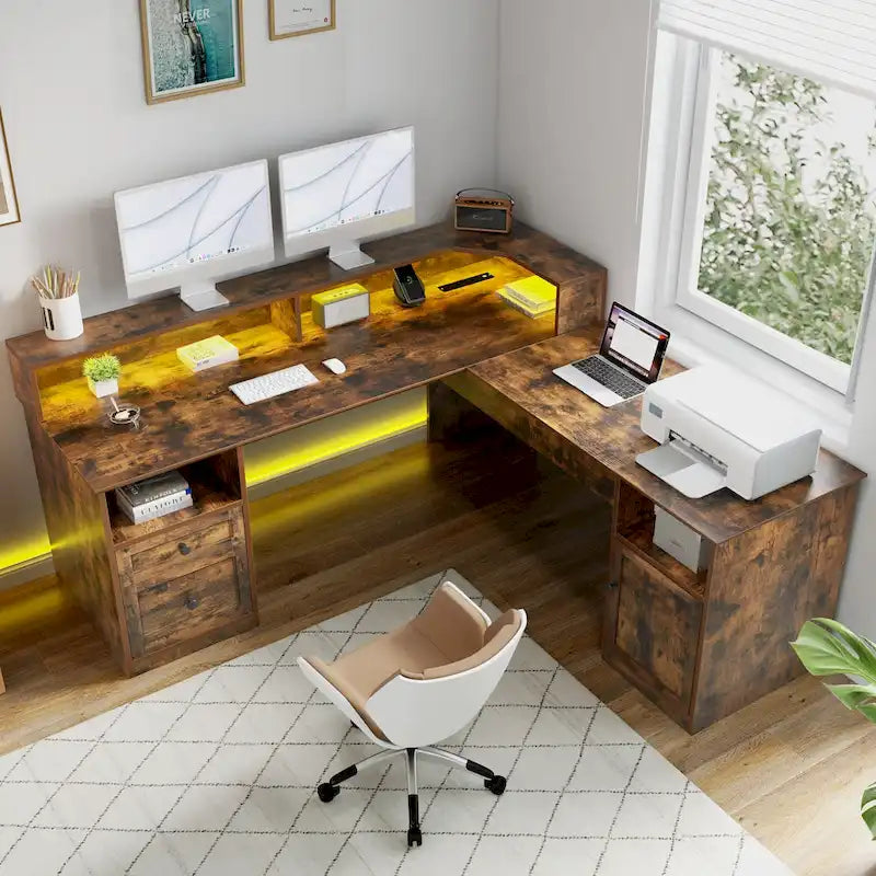Moasis 59 L Shaped Desk Corner LED Computer Gaming Desk with File Cabinet and Lift Table Top