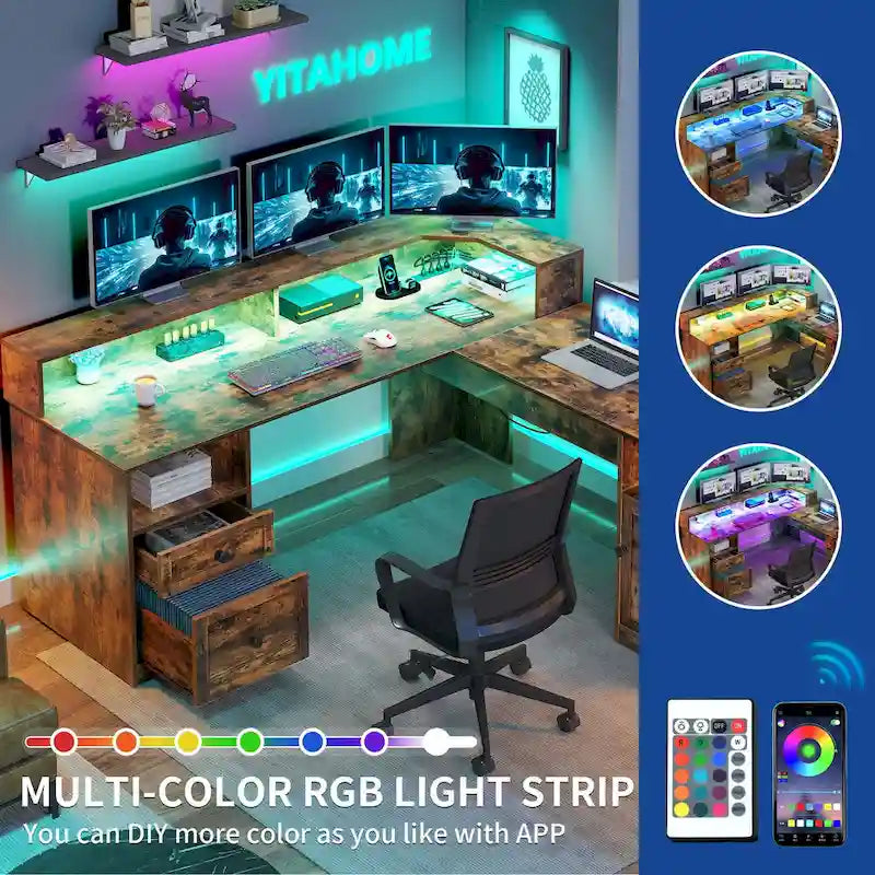 Moasis 59 L Shaped Desk Corner LED Computer Gaming Desk with File Cabinet and Lift Table Top