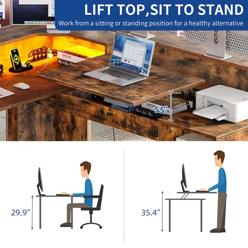 Moasis 59 L Shaped Desk Corner LED Computer Gaming Desk with File Cabinet and Lift Table Top