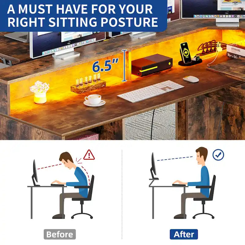 Moasis 59 L Shaped Desk Corner LED Computer Gaming Desk with File Cabinet and Lift Table Top