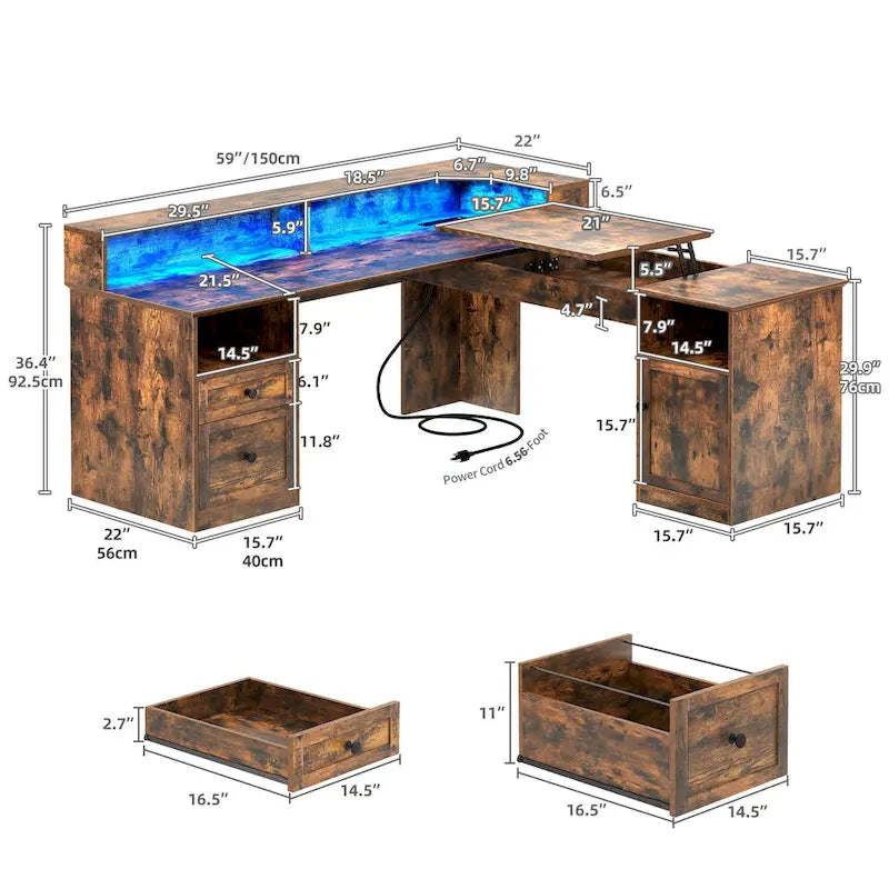 Moasis 59 L Shaped Desk Corner LED Computer Gaming Desk with File Cabinet and Lift Table Top