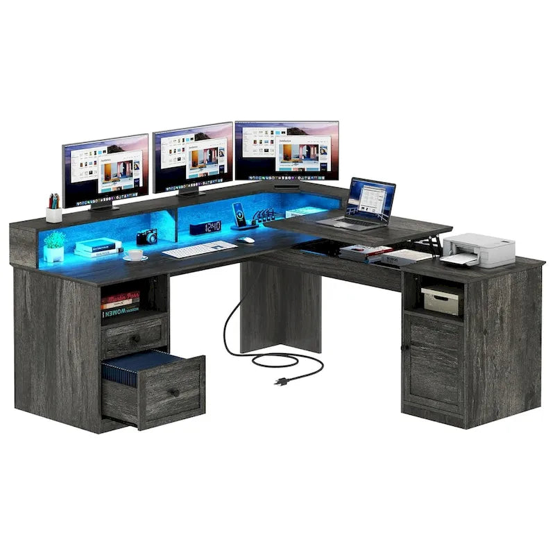 Moasis 59 L Shaped Desk Corner LED Computer Gaming Desk with File Cabinet and Lift Table Top