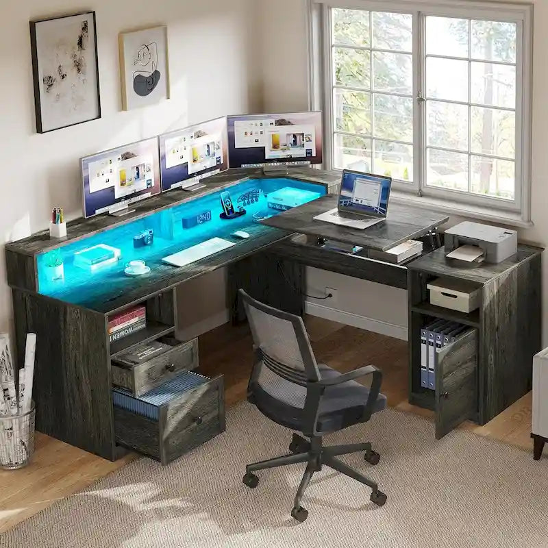 Moasis 59 L Shaped Desk Corner LED Computer Gaming Desk with File Cabinet and Lift Table Top