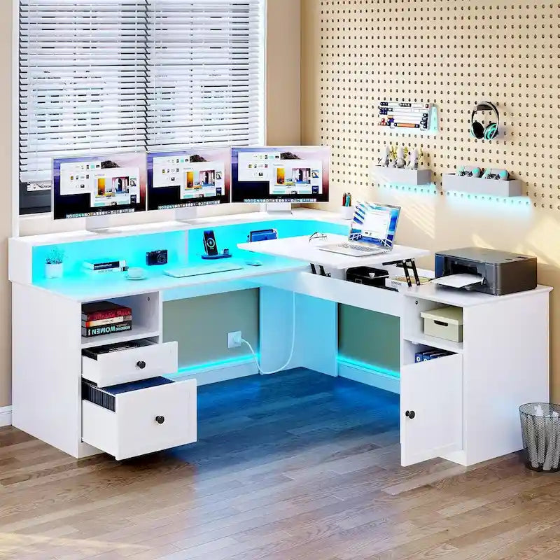 Moasis 59 L Shaped Desk Corner LED Computer Gaming Desk with File Cabinet and Lift Table Top