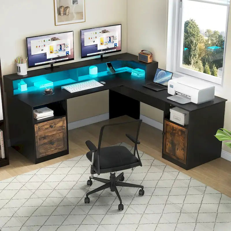 Moasis 59 L Shaped Desk Corner LED Computer Gaming Desk with File Cabinet and Lift Table Top