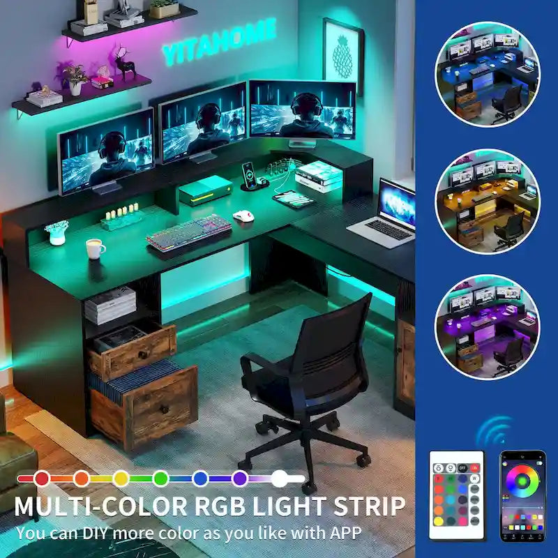 Moasis 59 L Shaped Desk Corner LED Computer Gaming Desk with File Cabinet and Lift Table Top