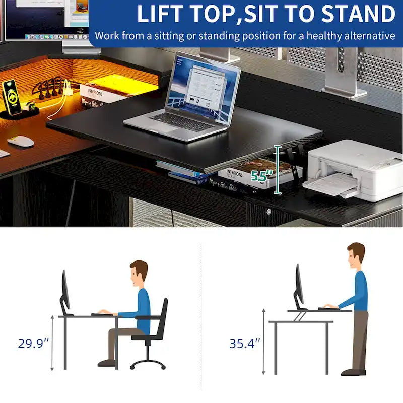 Moasis 59 L Shaped Desk Corner LED Computer Gaming Desk with File Cabinet and Lift Table Top
