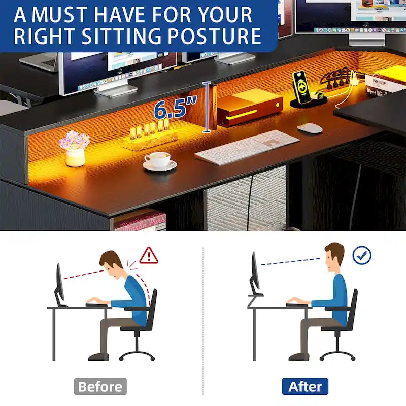 Moasis 59 L Shaped Desk Corner LED Computer Gaming Desk with File Cabinet and Lift Table Top