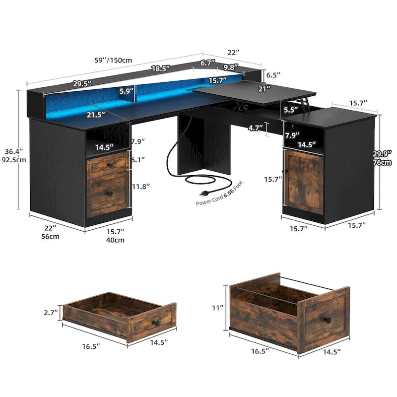 Moasis 59 L Shaped Desk Corner LED Computer Gaming Desk with File Cabinet and Lift Table Top