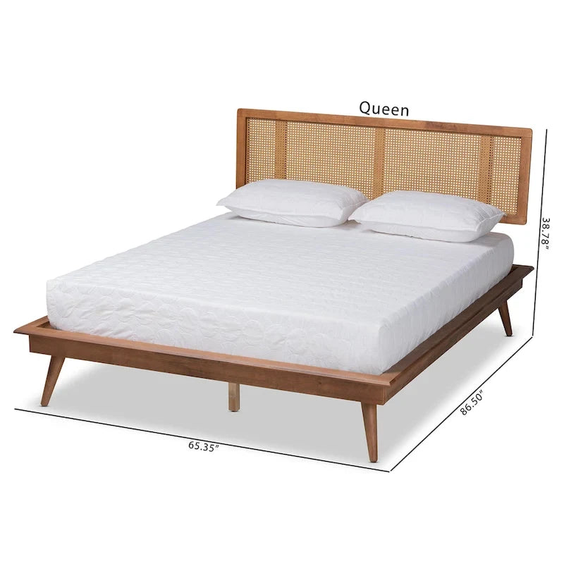 Nura Mid-Century Walnut Brown Wood and Rattan Platform Bed - Full