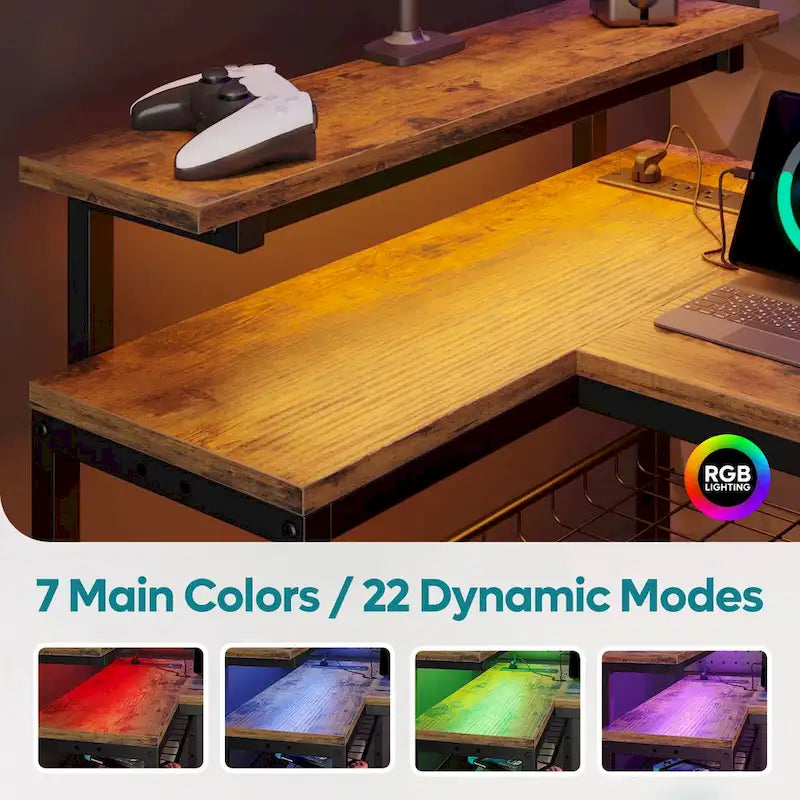 Reversible L Shaped Desk LED Computer Desk with Power Outlets and Monitor Stand Office Desk