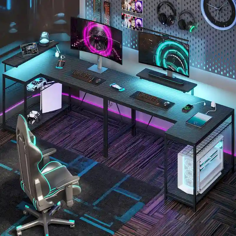 Reversible L Shaped Desk LED Computer Desk with Power Outlets and Monitor Stand Office Desk