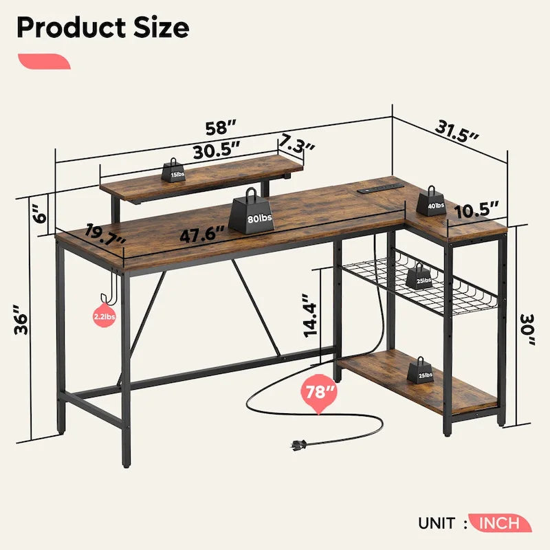 Reversible L Shaped Desk LED Computer Desk with Power Outlets and Monitor Stand Office Desk