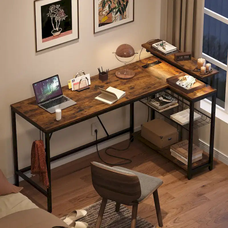 Reversible L Shaped Desk LED Computer Desk with Power Outlets and Monitor Stand Office Desk
