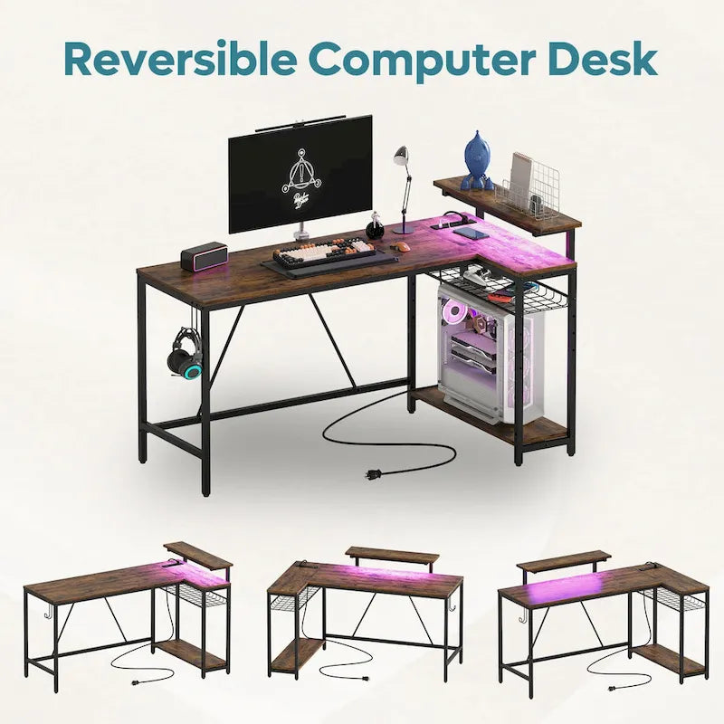 Reversible L Shaped Desk LED Computer Desk with Power Outlets and Monitor Stand Office Desk