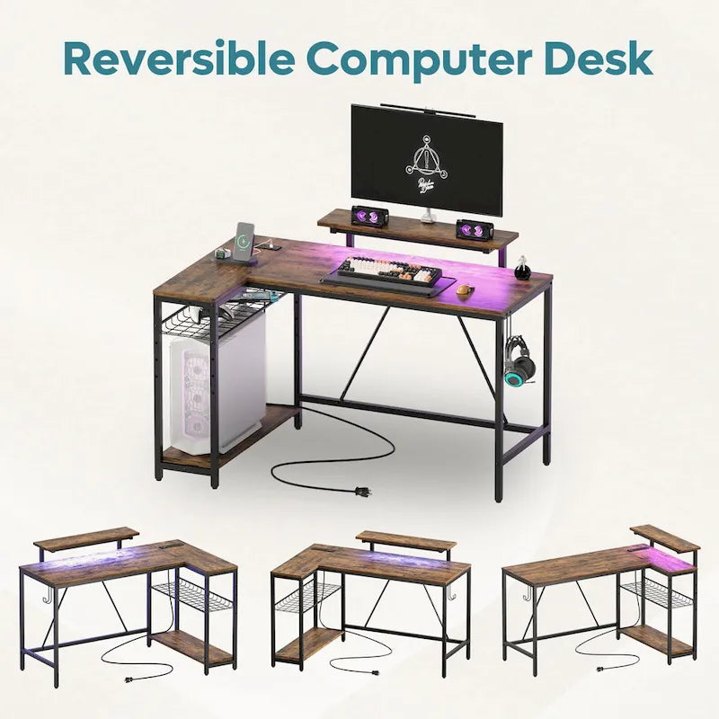 Reversible L Shaped Desk LED Computer Desk with Power Outlets and Monitor Stand Office Desk
