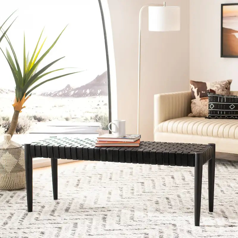 SAFAVIEH Manervia Wood & Leather Bench - 47Wx16Dx18H