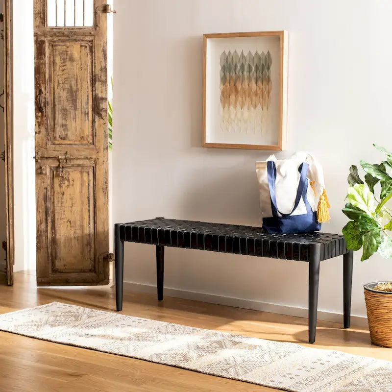 SAFAVIEH Manervia Wood & Leather Bench - 47Wx16Dx18H