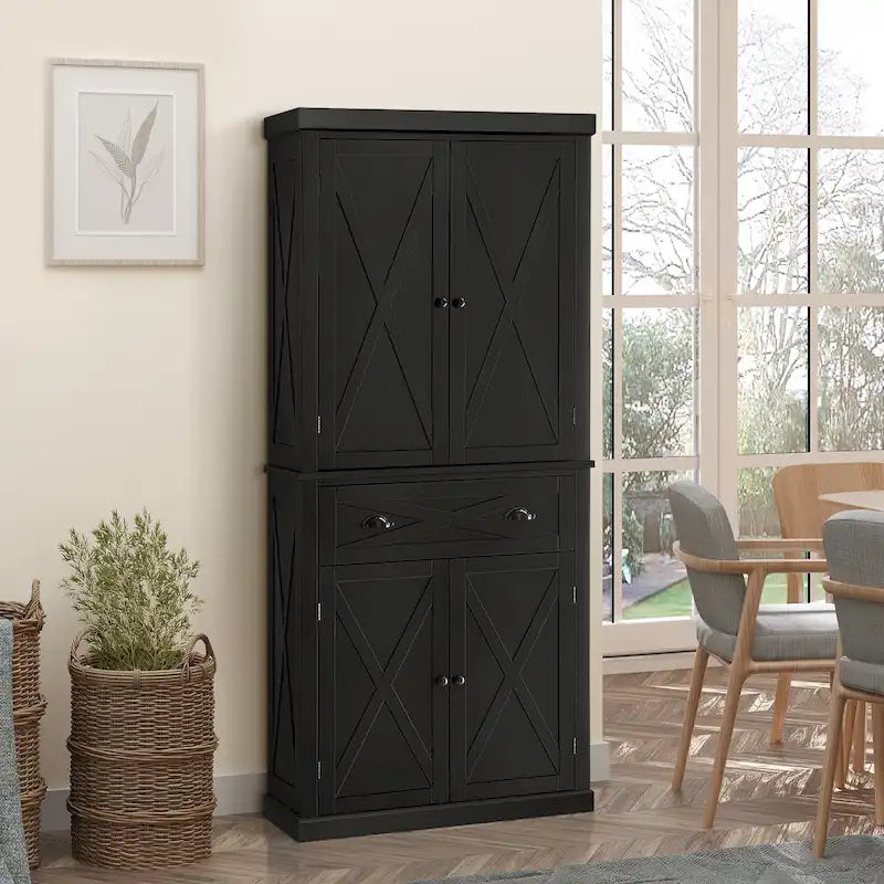 HOMCOM Freestanding Modern Farmhouse 4 Door Kitchen Pantry Cabinet, Storage Cabinet Organizer with 6-Tiers