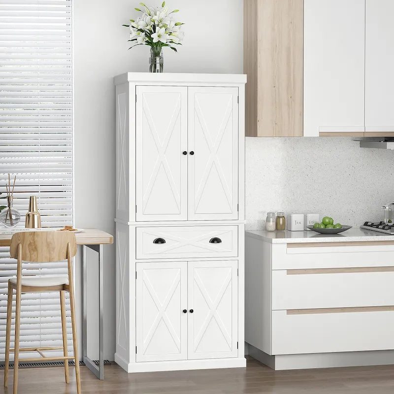 HOMCOM Freestanding Modern Farmhouse 4 Door Kitchen Pantry Cabinet, Storage Cabinet Organizer with 6-Tiers