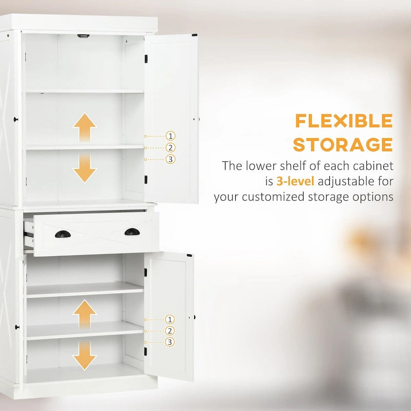 HOMCOM Freestanding Modern Farmhouse 4 Door Kitchen Pantry Cabinet, Storage Cabinet Organizer with 6-Tiers