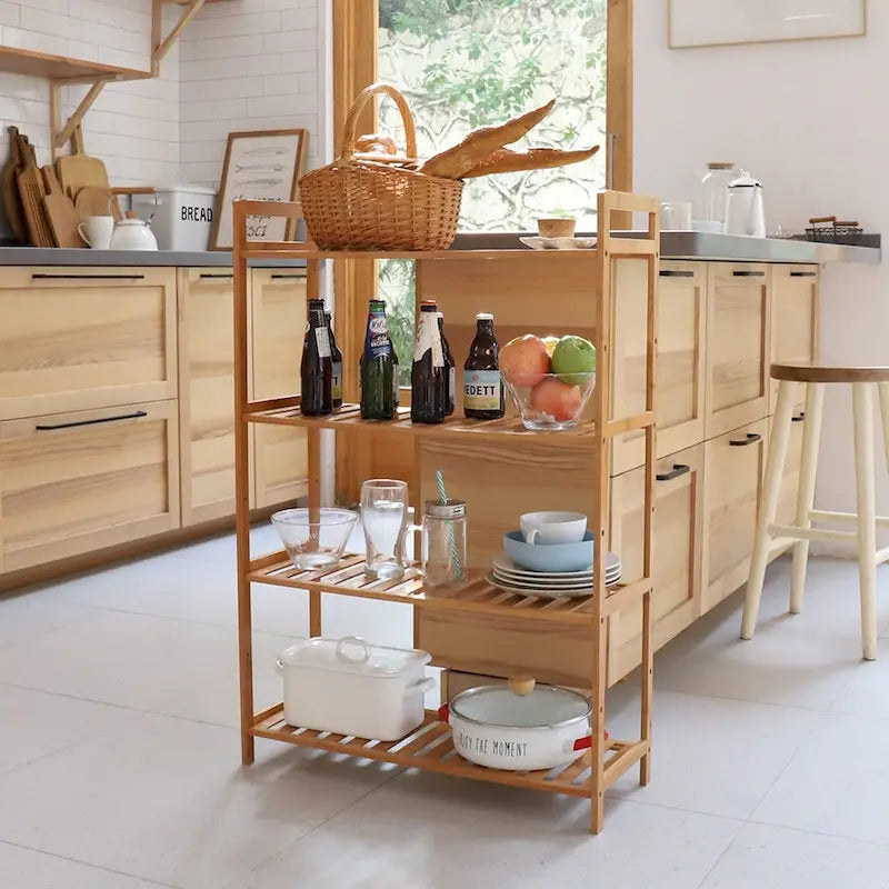 4 Tiers Bamboo Wood Storage Rack Kitchen Shelving Bookshelf - 26.46x9.84x38.97in