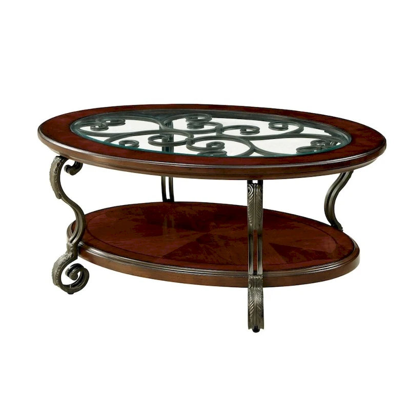 Wooden Coffee Table With Metal Frame in Brown Cherry Finish