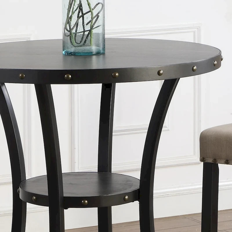 Roundhill Furniture Biony 3-Piece 36 Round Espresso Bar Table with 2 Nail Head Barstools