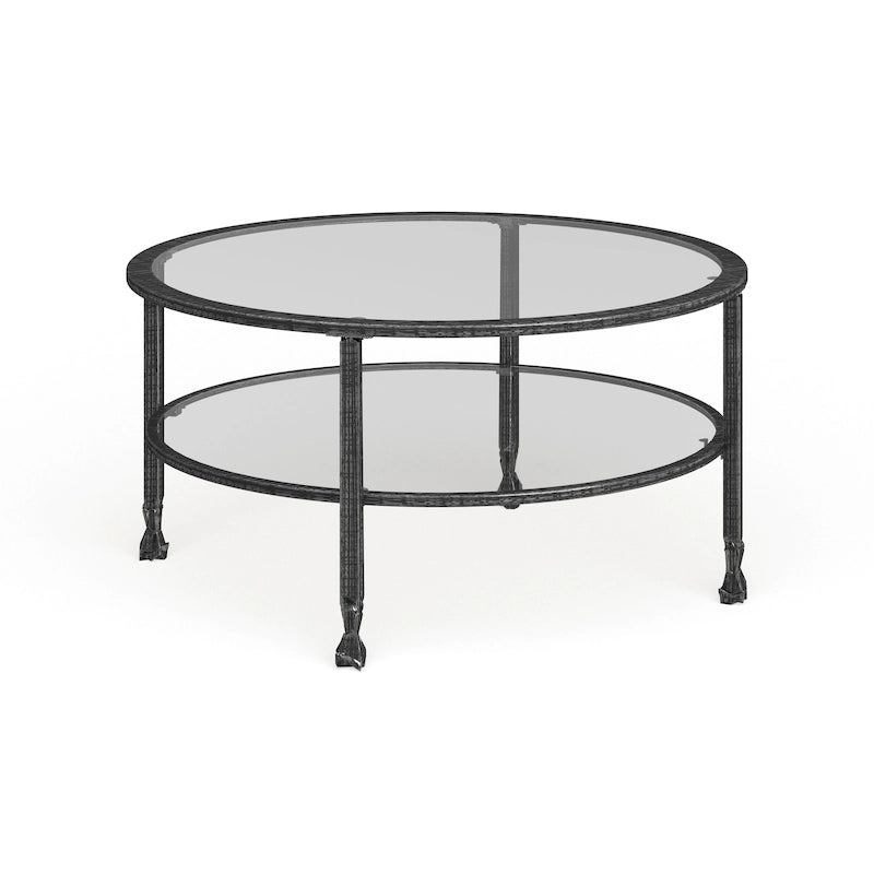 SEI Furniture Glenn Distressed Black Metal Round CoffeeTable with Glass Top and Shelf
