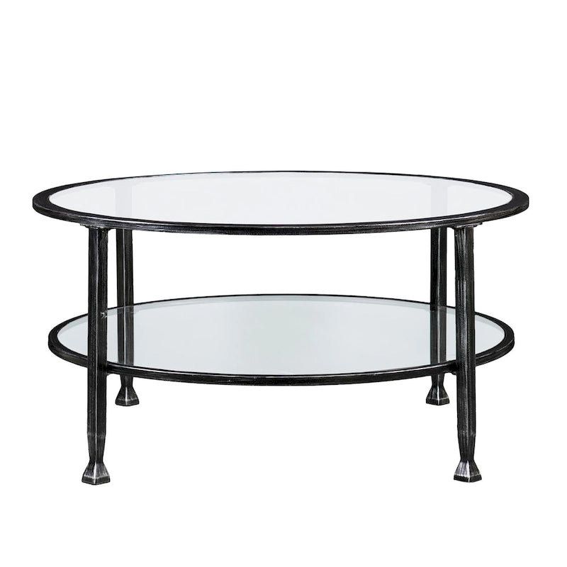 SEI Furniture Glenn Distressed Black Metal Round CoffeeTable with Glass Top and Shelf