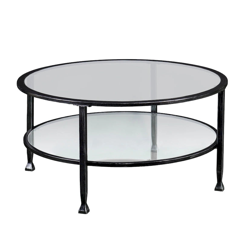 SEI Furniture Glenn Distressed Black Metal Round CoffeeTable with Glass Top and Shelf