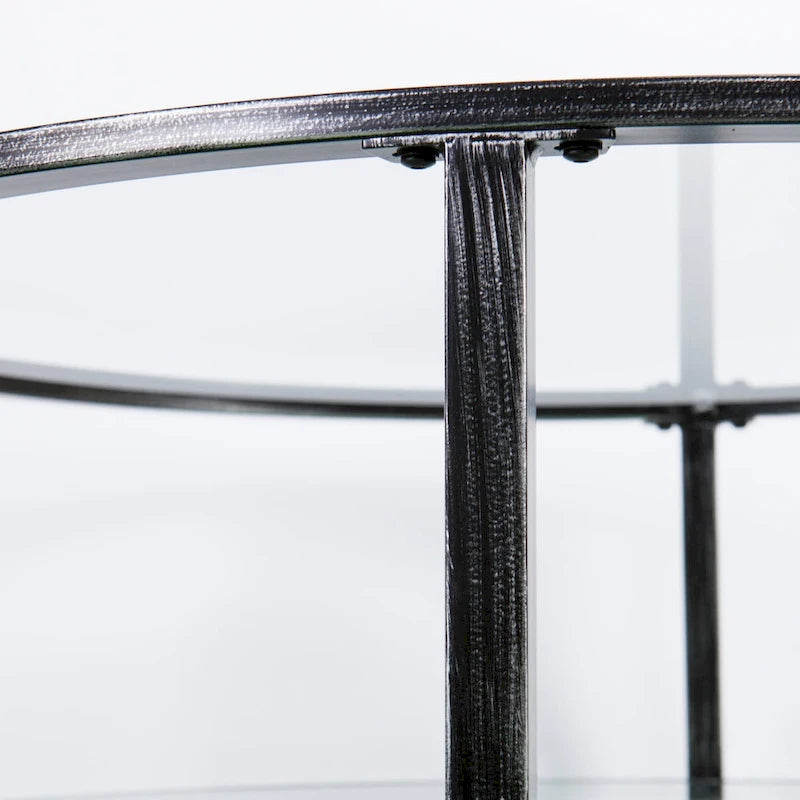 SEI Furniture Glenn Distressed Black Metal Round CoffeeTable with Glass Top and Shelf