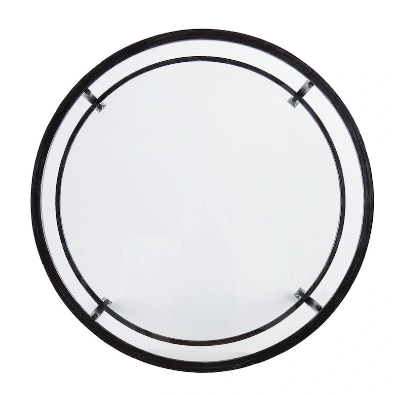 SEI Furniture Glenn Distressed Black Metal Round CoffeeTable with Glass Top and Shelf