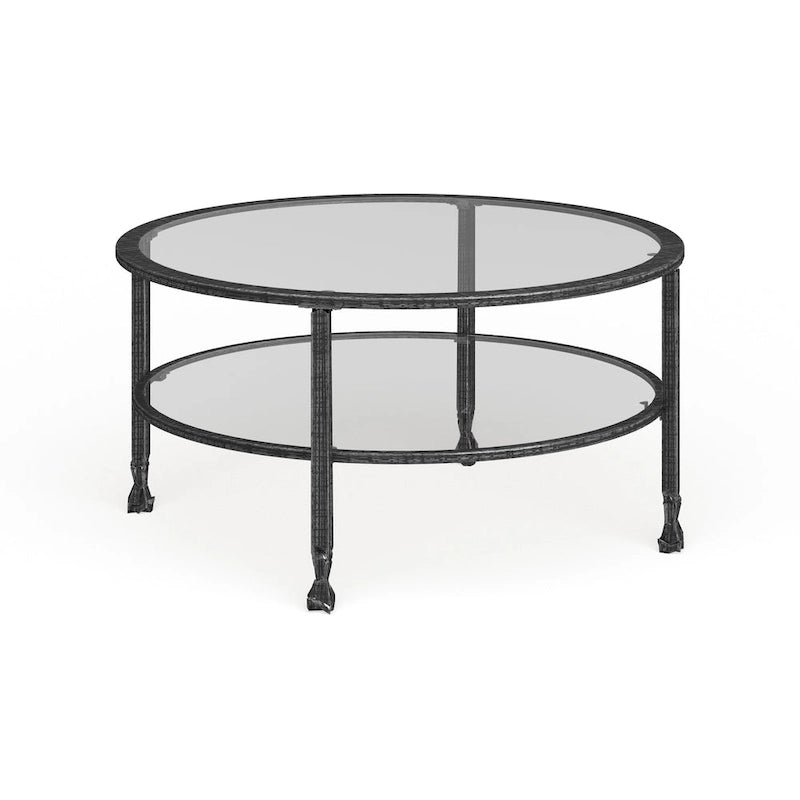 SEI Furniture Glenn Distressed Black Metal Round CoffeeTable with Glass Top and Shelf