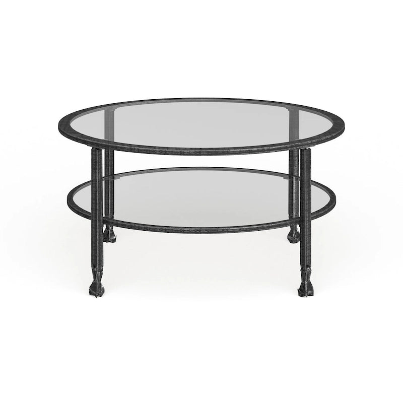 SEI Furniture Glenn Distressed Black Metal Round CoffeeTable with Glass Top and Shelf