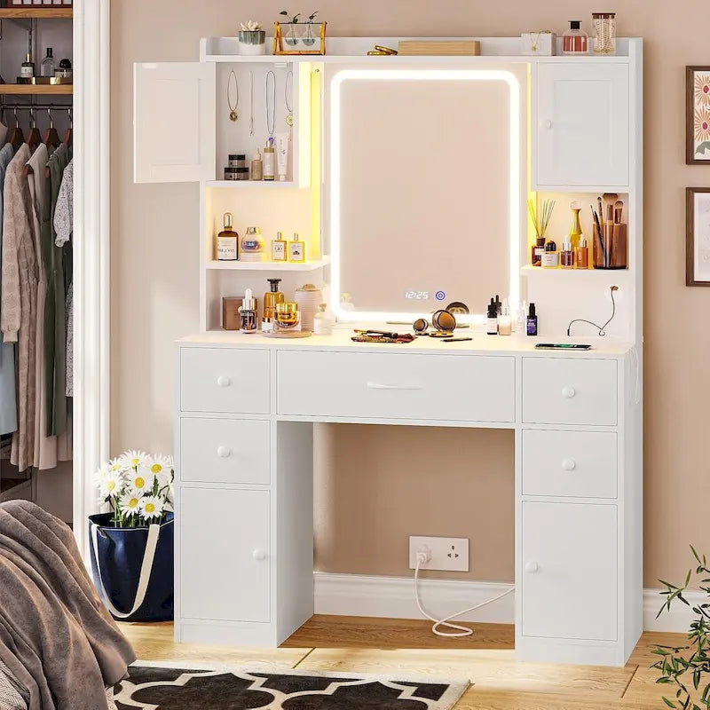 5 Drawers Vanity Desk Touch Screen Mirror Time Display Makeup Vanity