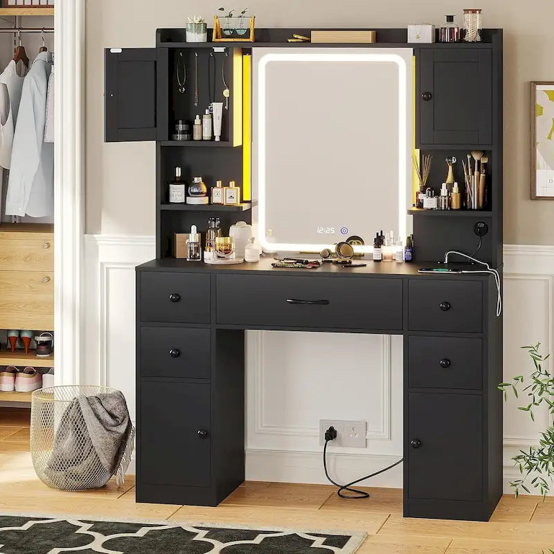5 Drawers Vanity Desk Touch Screen Mirror Time Display Makeup Vanity
