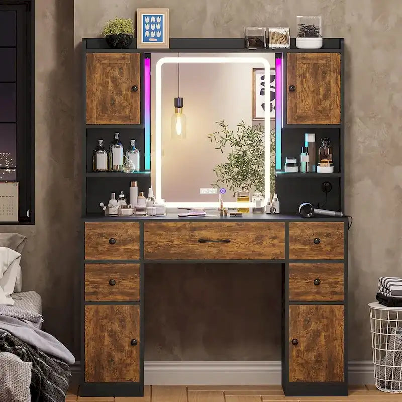 5 Drawers Vanity Desk Touch Screen Mirror Time Display Makeup Vanity