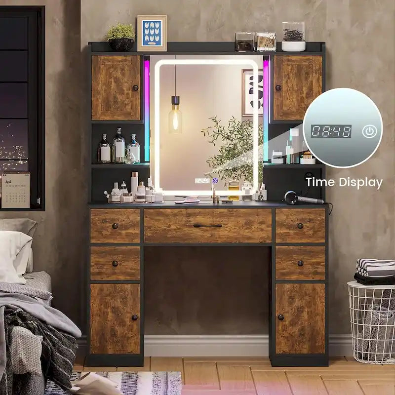 5 Drawers Vanity Desk Touch Screen Mirror Time Display Makeup Vanity