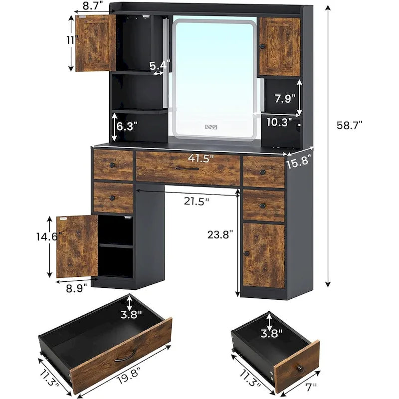 5 Drawers Vanity Desk Touch Screen Mirror Time Display Makeup Vanity