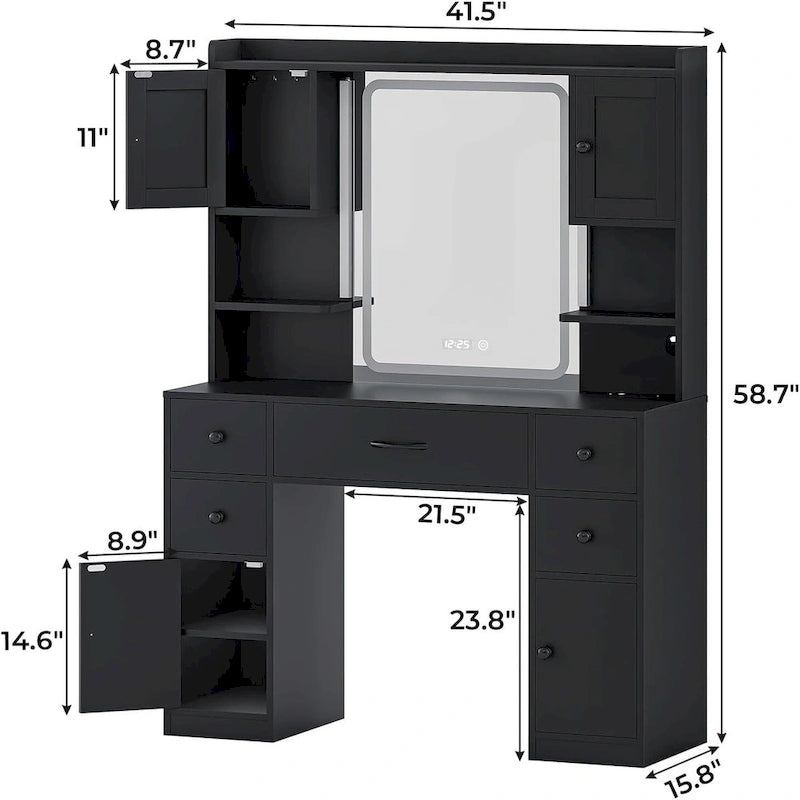 5 Drawers Vanity Desk Touch Screen Mirror Time Display Makeup Vanity