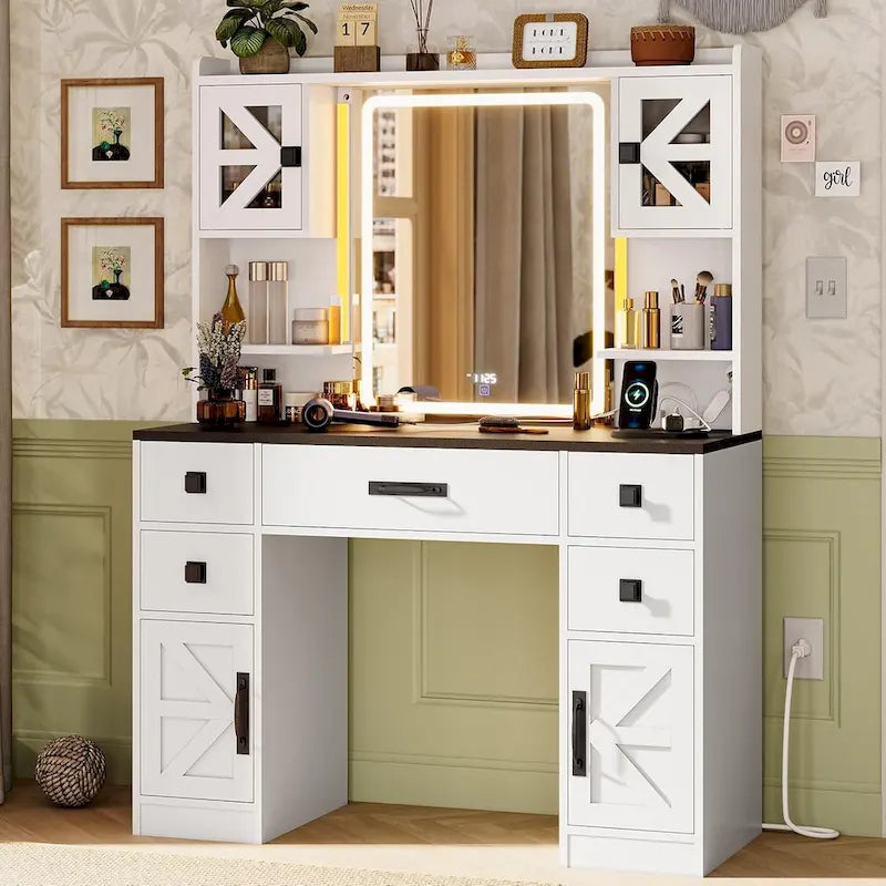 5 Drawers Vanity Desk Touch Screen Mirror Time Display Makeup Vanity